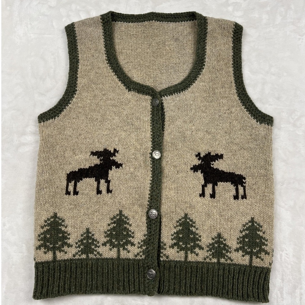 Unbranded Knit Sweater Vest Unisex Small Tan Green Moose Pine Tree Rustic Lodge